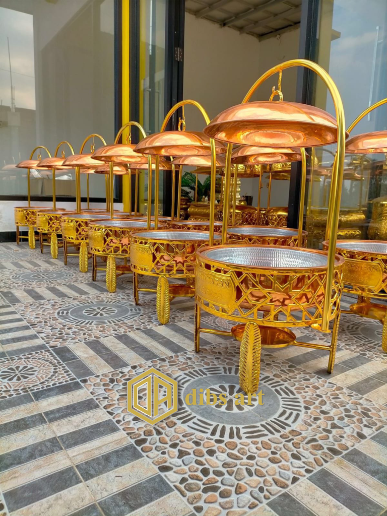 Chafing Dish Kuningan Bulat Ukir 2 Mewah untuk Prasmanan Elegan chafing dish kuningan bulat ukir 2