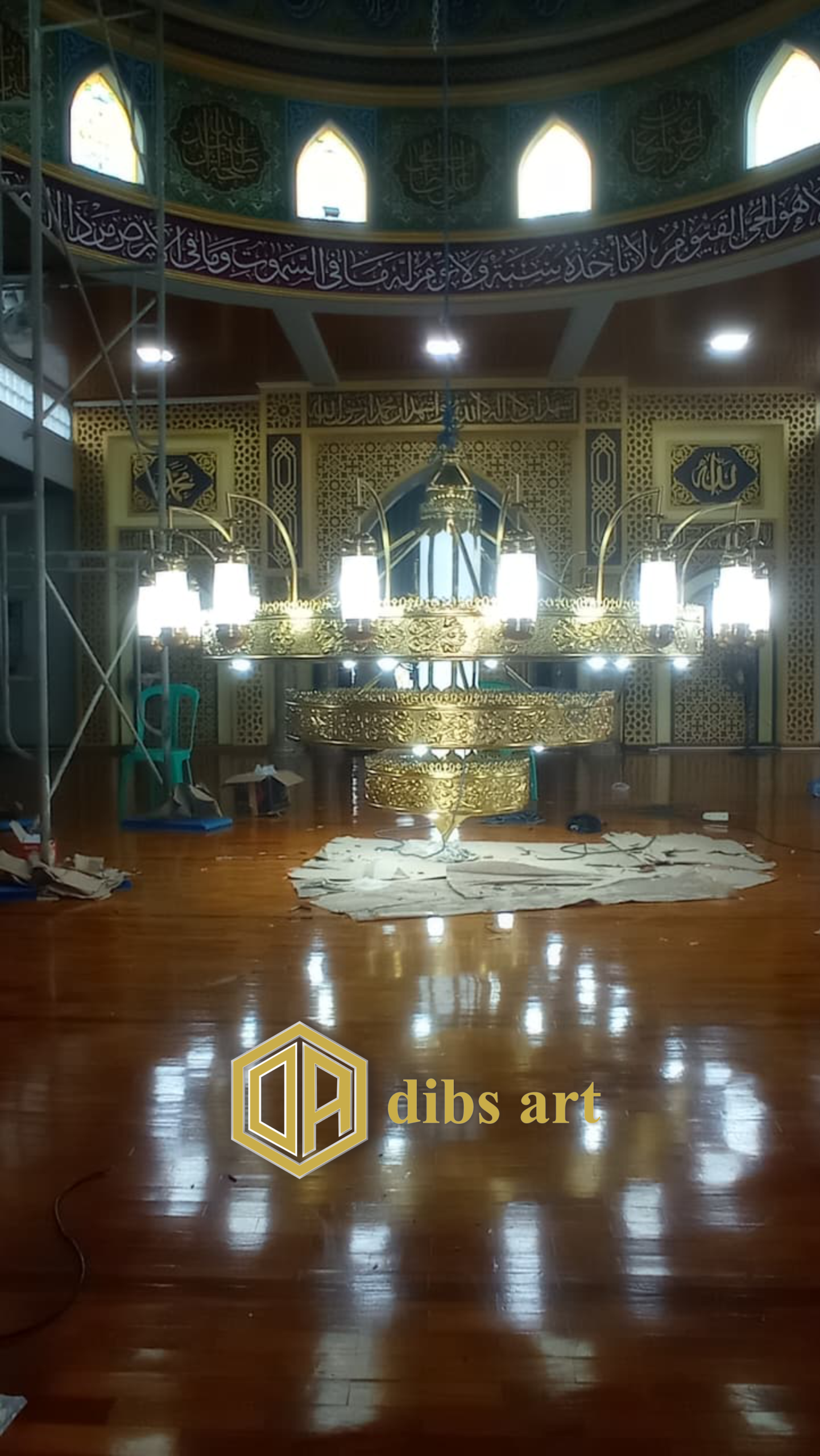 lampu gantung nabawi kuningan 3 tingkat pemasangan